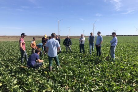 Grouep dans un champs étudiant la biodiversité dans un système agroécologique